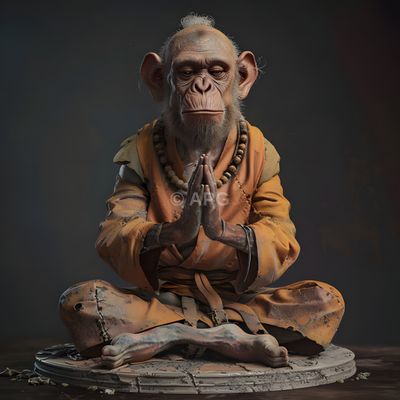 Meditierender Affenmönch in orangefarbener Robe